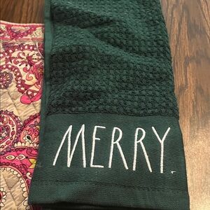 Rae Dunn Dark Green Waffle Kitchen Towel with Label
